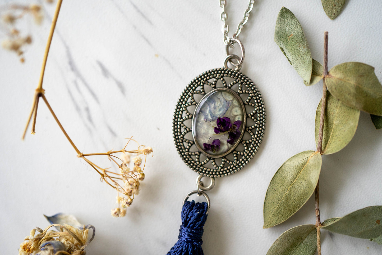 Real Pressed Flowers in Resin Necklace, Painted Silver Necklace with Navy Blue Tassel and Purple Alyssum