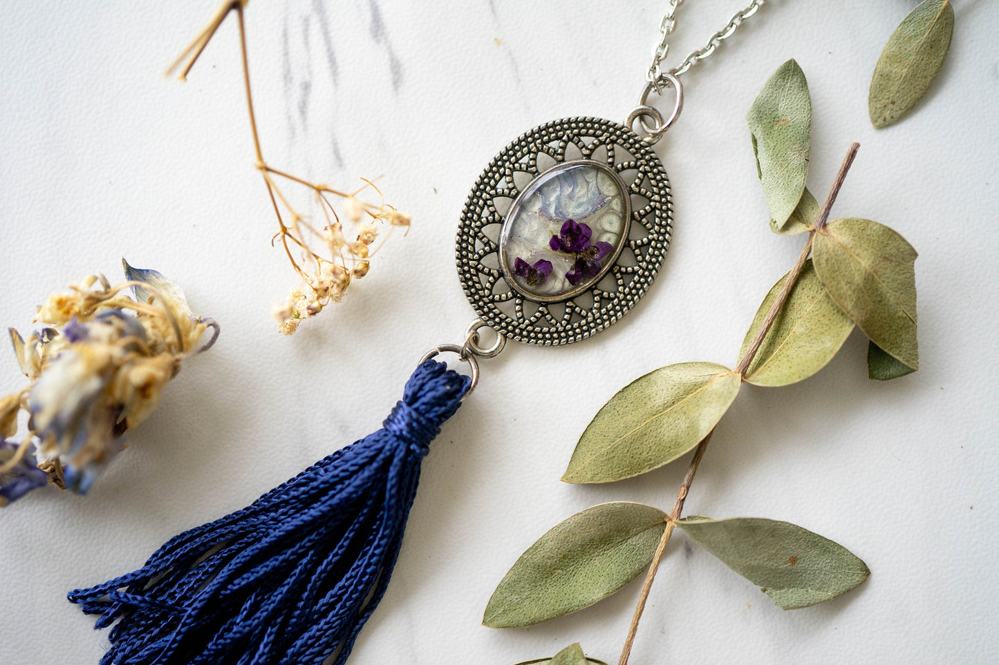 Real Pressed Flowers in Resin Necklace, Painted Silver Necklace with Navy Blue Tassel and Purple Alyssum