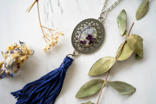 Real Pressed Flowers in Resin Necklace, Painted Silver Necklace with Navy Blue Tassel and Purple Alyssum