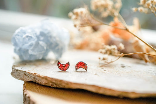 Real Pressed Flowers and Resin Stud Earrings, Tiny Silver Moons with Red Flowers