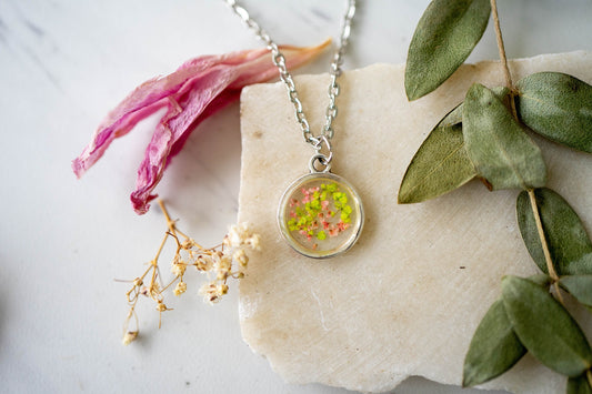 Real Pressed Flowers in Resin Necklace, Silver Circle with Lime Green and Peach Flowers