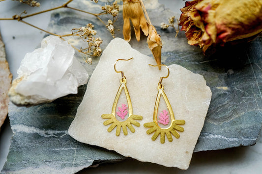 Real Pressed Flowers Earrings, Gold Drop Earrings with Pink Fern