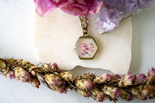 Real Pressed Flowers in Resin Necklace, Bronze Hexagon in Pink and Purple