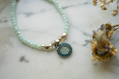 Real Pressed Flowers and Resin Beaded Bracelet, Silver and  Mint with Teal Flowers