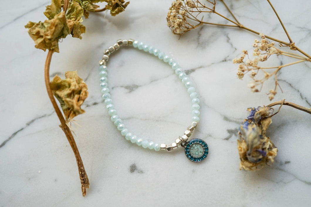 Real Pressed Flowers and Resin Beaded Bracelet, Silver and  Mint with Teal Flowers