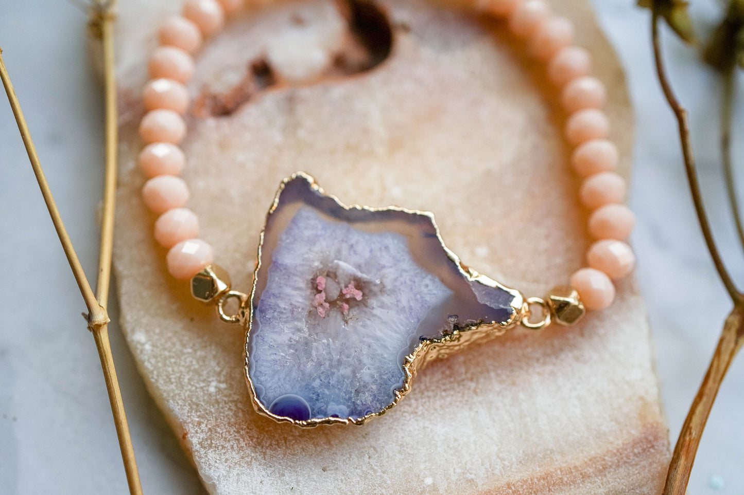 Real Pressed Flowers and Resin Beaded Bracelet, Purple Druzy Geode in Peach Pink Gold