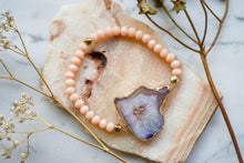 Real Pressed Flowers and Resin Beaded Bracelet, Blue Druzy Geode in Grey with Mint Peach Flowers