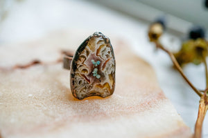 Real Pressed Flower and Resin Ring, Geode Druzy Copper Ring in Mint