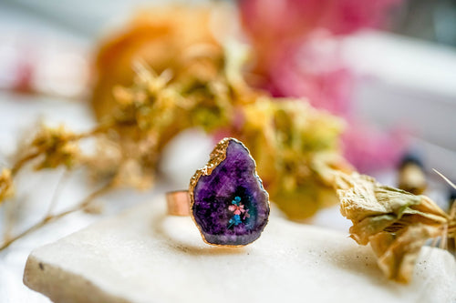 Real Pressed Flower and Resin Ring, Geode Druzy Ring in Purple