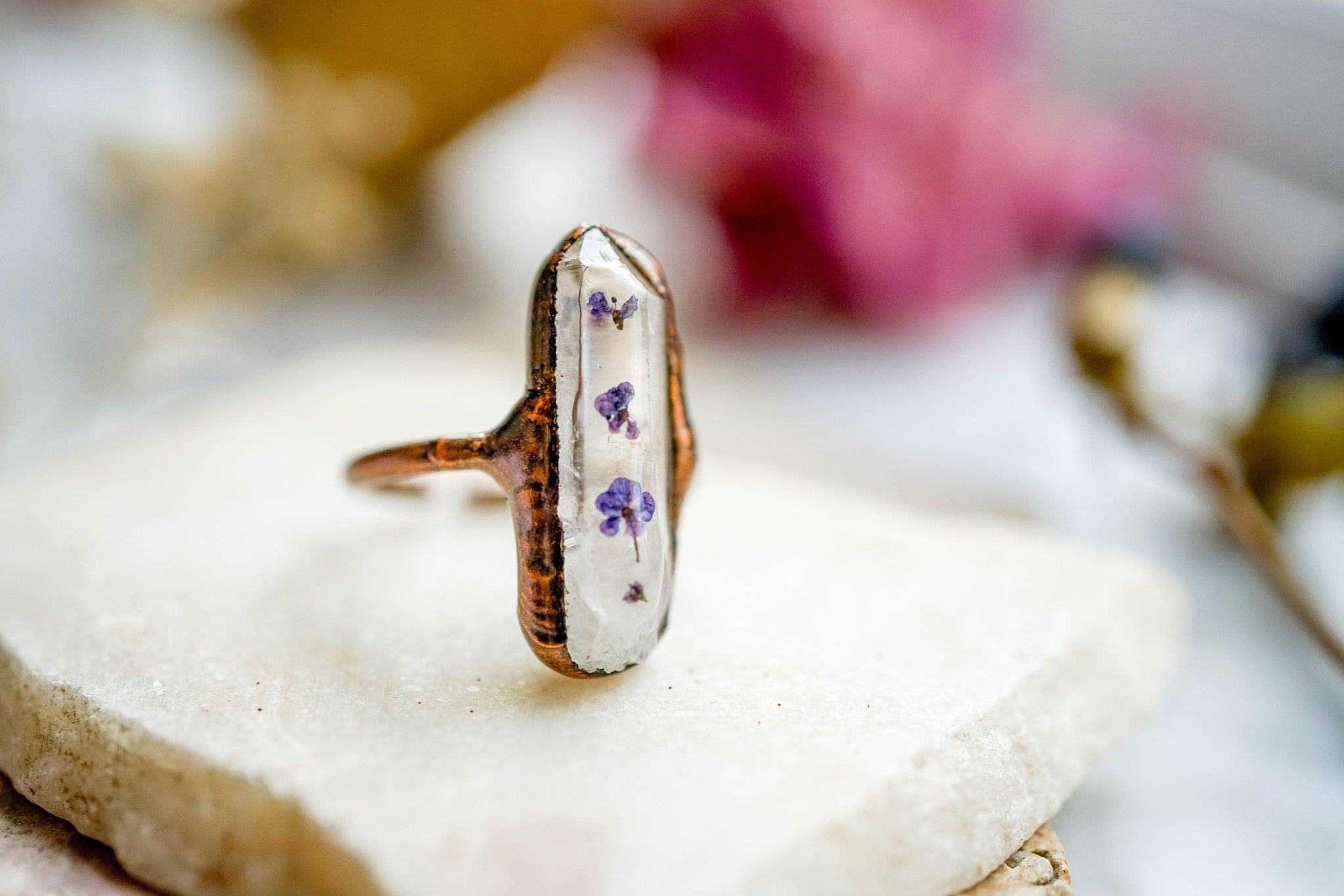 Real Pressed Flower and Resin Ring, White Crystal in Copper with Purpl –  ann + joy