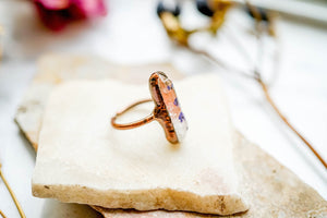 Real Pressed Flower and Resin Ring, White Crystal in Copper with Purple Flowers