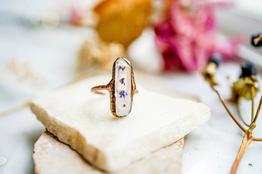 Real Pressed Flower and Resin Ring, White Crystal in Copper with Purple Flowers