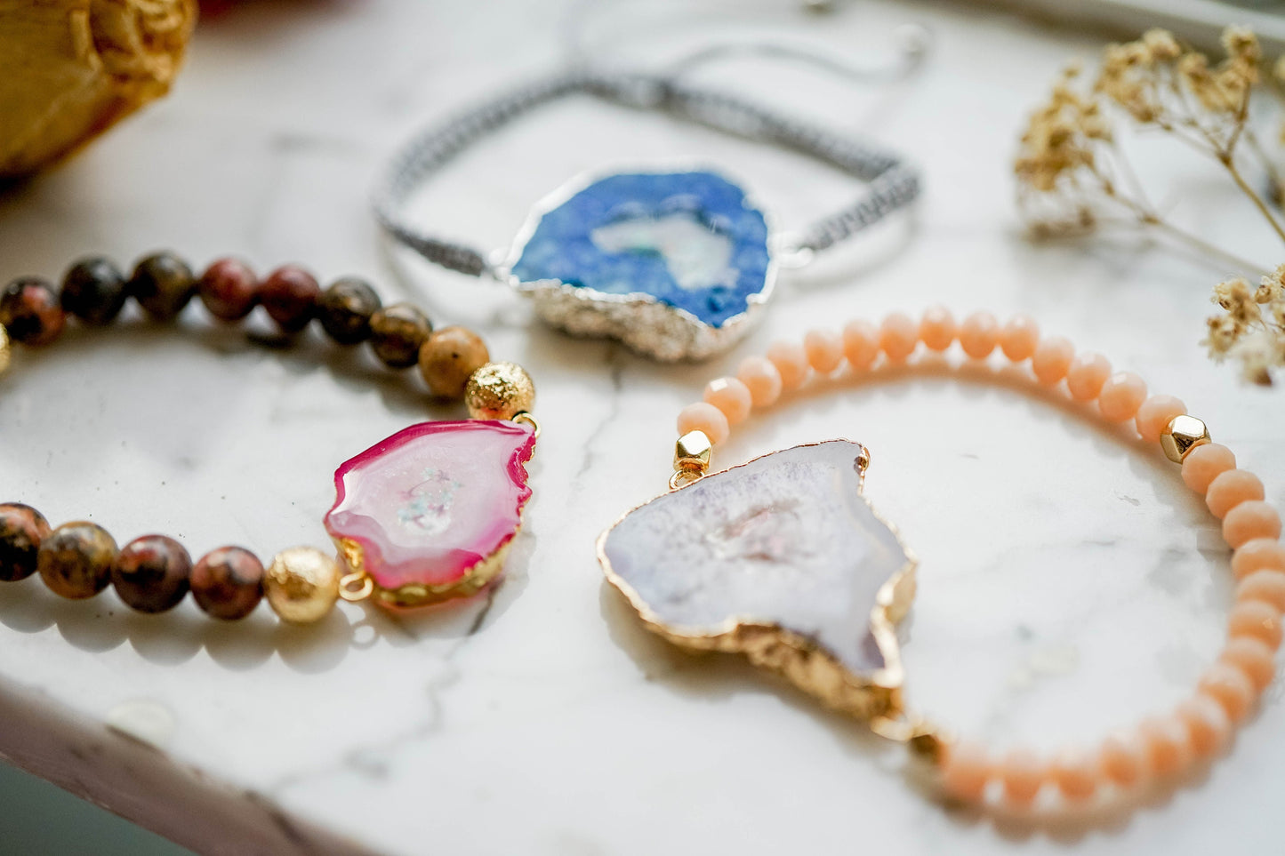 Real Pressed Flowers and Resin Beaded Bracelet, Pink Druzy Geode in Brown and Mint