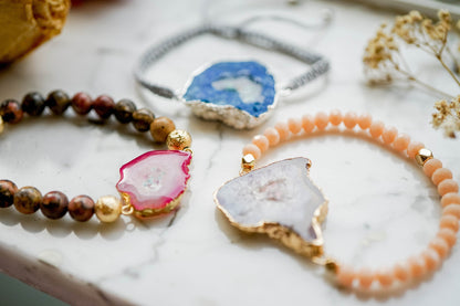 Real Pressed Flowers and Resin Beaded Bracelet, Pink Druzy Geode in Brown and Mint
