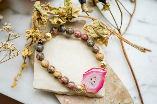 Real Pressed Flowers and Resin Beaded Bracelet, Pink Druzy Geode in Brown and Mint