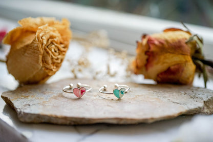 Real Pressed Flower and Resin Ring, White and Mint Heart Ring