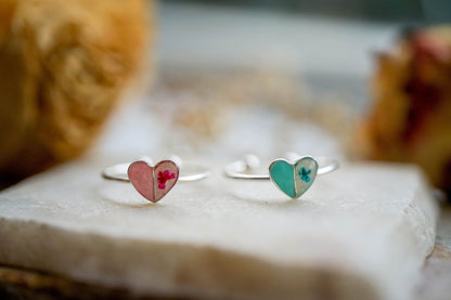 Real Pressed Flower and Resin Ring, White and Mint Heart Ring