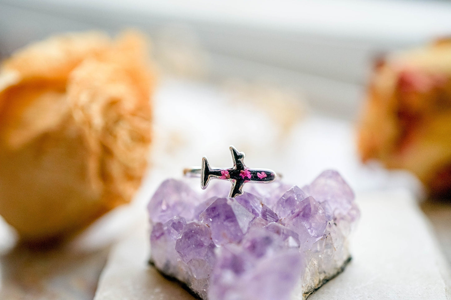 Real Pressed Flower and Resin Ring, Black and Silver Plane with Pink Flowers