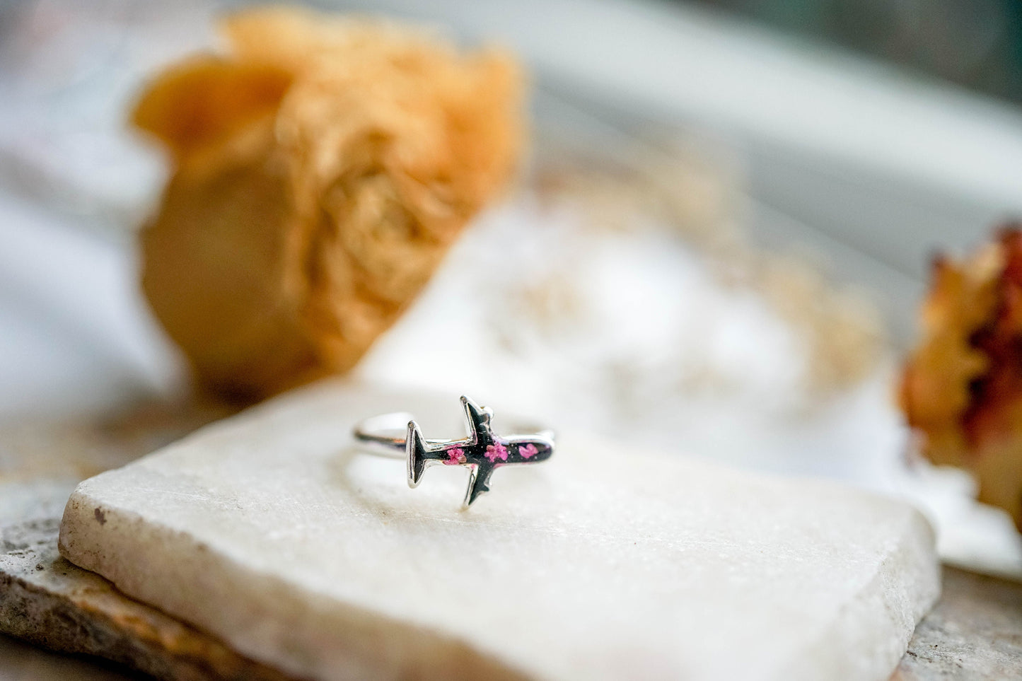 Real Pressed Flower and Resin Ring, Black and Silver Plane with Pink Flowers