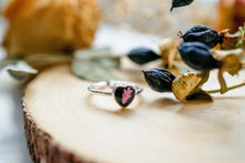 Real Pressed Flower and Resin Ring, Black and Silver Heart with Pink Fern