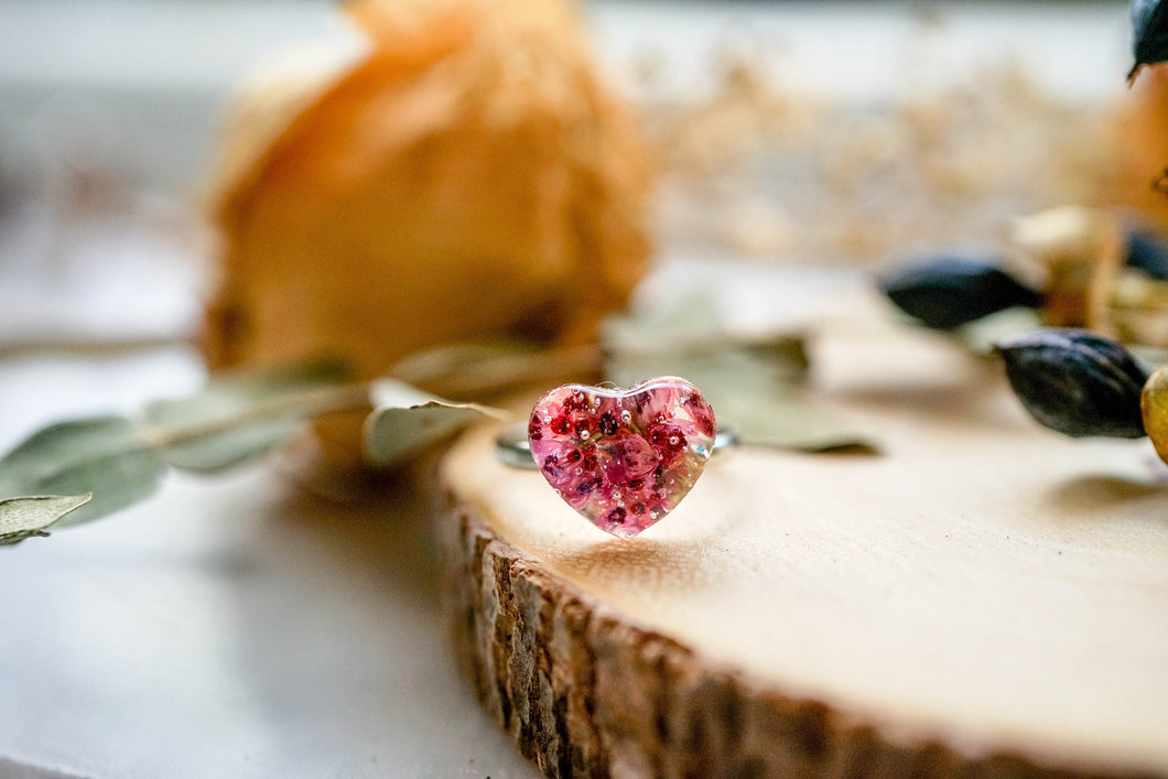 Real Pressed Flower and Resin Ring, Heart with Heather Flowers