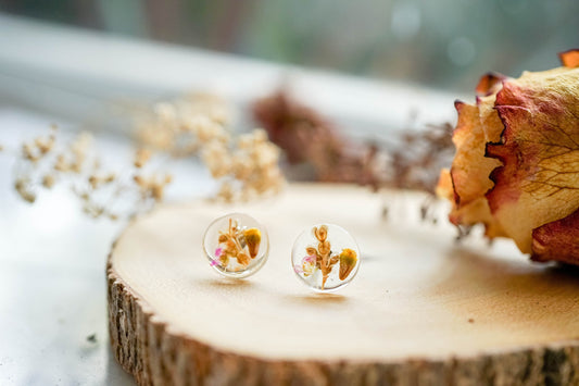 Real Pressed Flowers and Resin Stud Earrings, Circles with Mixed Flowers