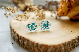 Real Pressed Flowers and Resin Stud Earrings, Dog Paw Print in Blue and Teal Glass Glitter
