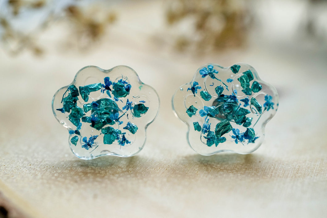 Real Pressed Flowers and Resin Stud Earrings, Dog Paw Print in Blue and Teal Glass Glitter
