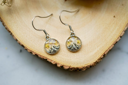 Real Pressed Flowers Earrings, Drops, Silver Mountains in Yellow