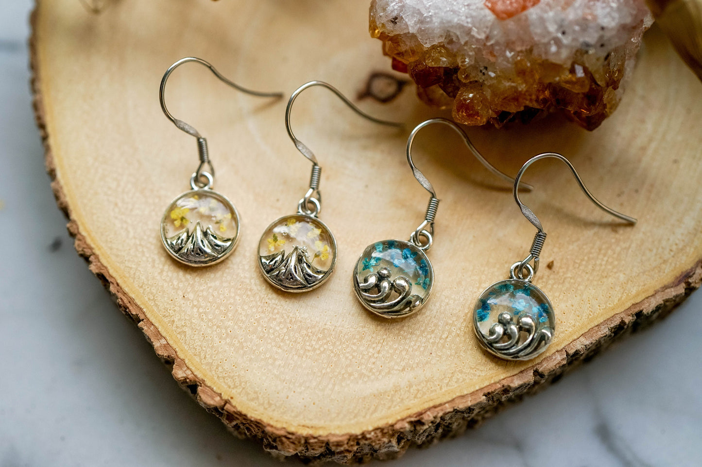 Real Pressed Flowers Earrings, Drops, Silver Waves in Teal