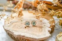 Real Pressed Flowers and Resin Stud Earrings, Silver Circles with Mint and Blue Flowers
