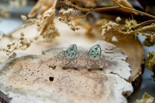 Real Pressed Flowers and Resin Stud Earrings, Silver Boho Teardrops with Teal Flowers