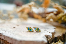Real Pressed Flowers and Resin Stud Earrings, Tiny Gold Diamonds in Green Blue Yellow