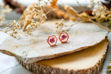 Real Pressed Flowers and Resin Stud Earrings, Rose Gold Hexagons with Heather Flowers