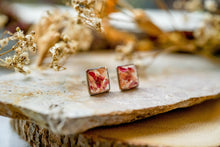 Real Pressed Flowers and Resin Stud Earrings, Silver Squares in Pink