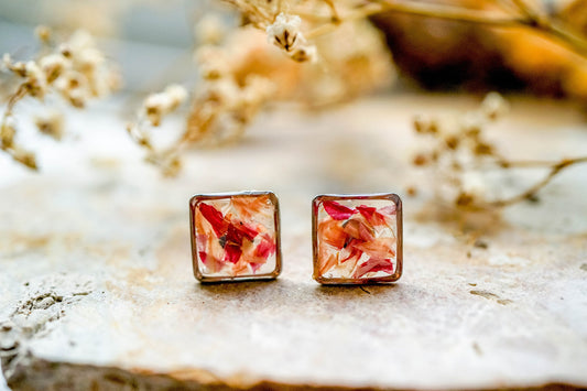 Real Pressed Flowers and Resin Stud Earrings, Silver Squares in Pink