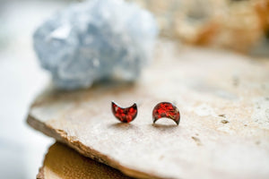 Real Pressed Flowers and Resin Stud Earrings, Tiny Silver Moons with Red Flowers
