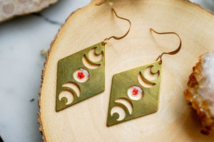 Real Pressed Flowers Earrings, Gold Moon Phase Drops in Red
