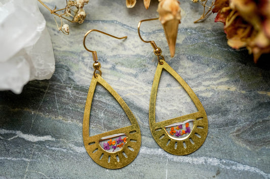 Real Pressed Flower Earrings, Gold Drops with Orange and Purple Flowers