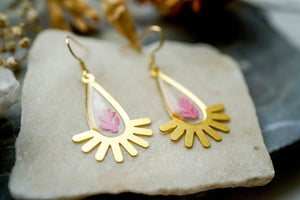 Real Pressed Flowers Earrings, Gold Drop Earrings with Pink Fern
