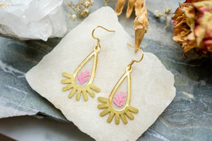 Real Pressed Flowers Earrings, Gold Drop Earrings with Pink Fern