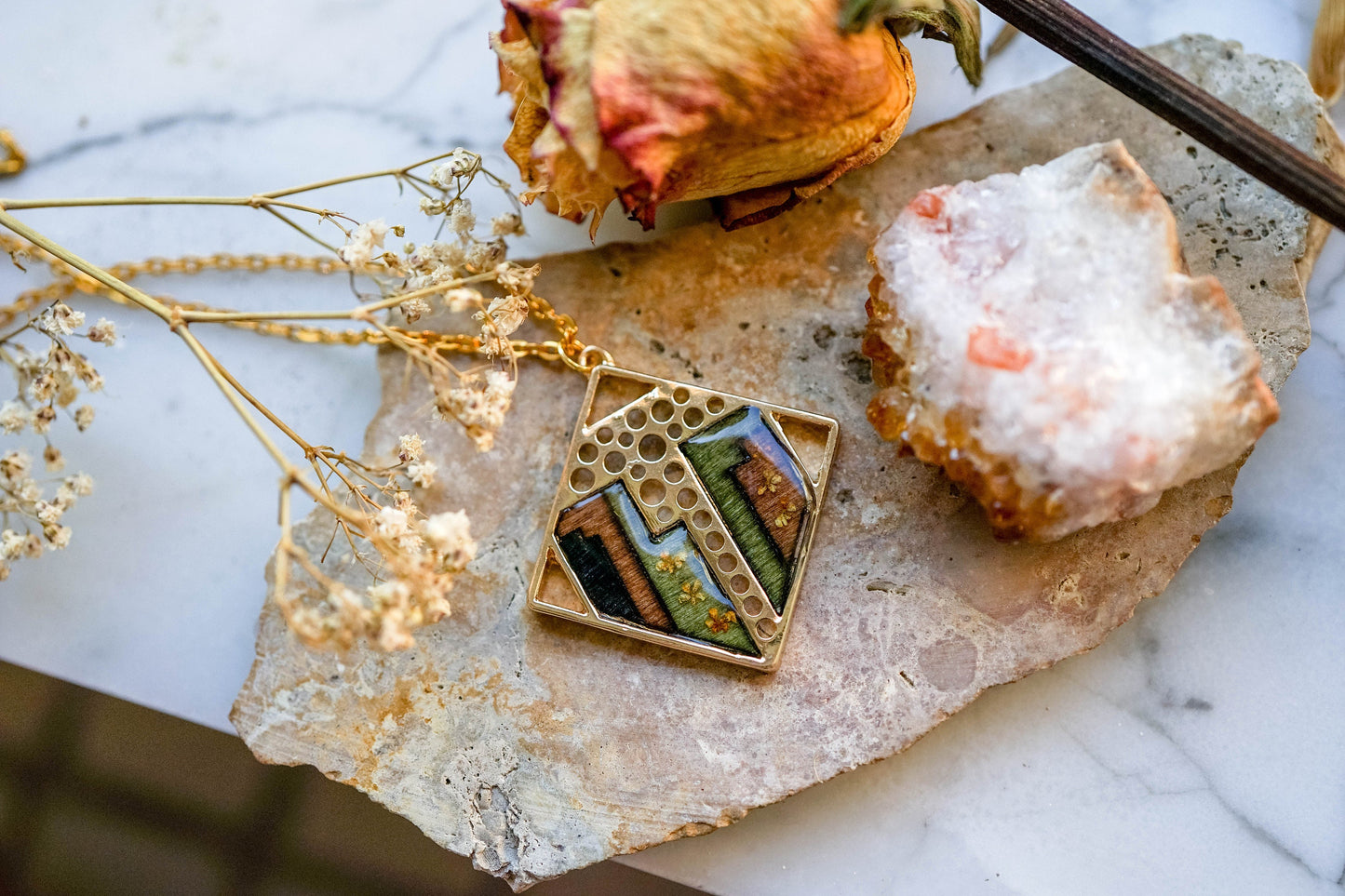 Real Pressed Flowers in Resin, Gold and Wood Necklace with Yellow Flowers