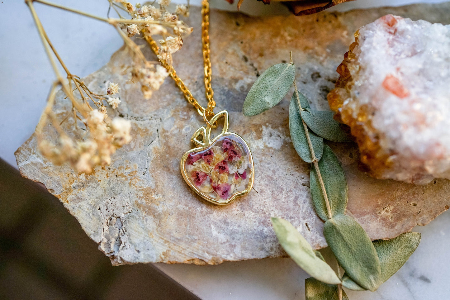 Real Pressed Flowers in Resin Necklace, Gold Apple Necklace with Pink and White Heather Flowers, Teacher jewelry, Teacher necklace