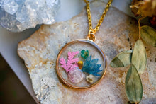 Real Pressed Flowers in Resin, Gold Necklace with Mixed Flowers and Real Geode Druzy