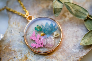 Real Pressed Flowers in Resin, Gold Necklace with Mixed Flowers and Real Geode Druzy