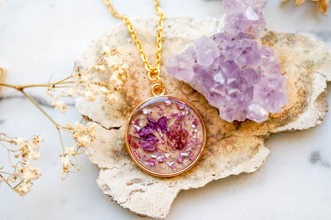 Real Pressed Flowers in Resin, Gold Necklace in with Purple Flowers and Glass Glitter