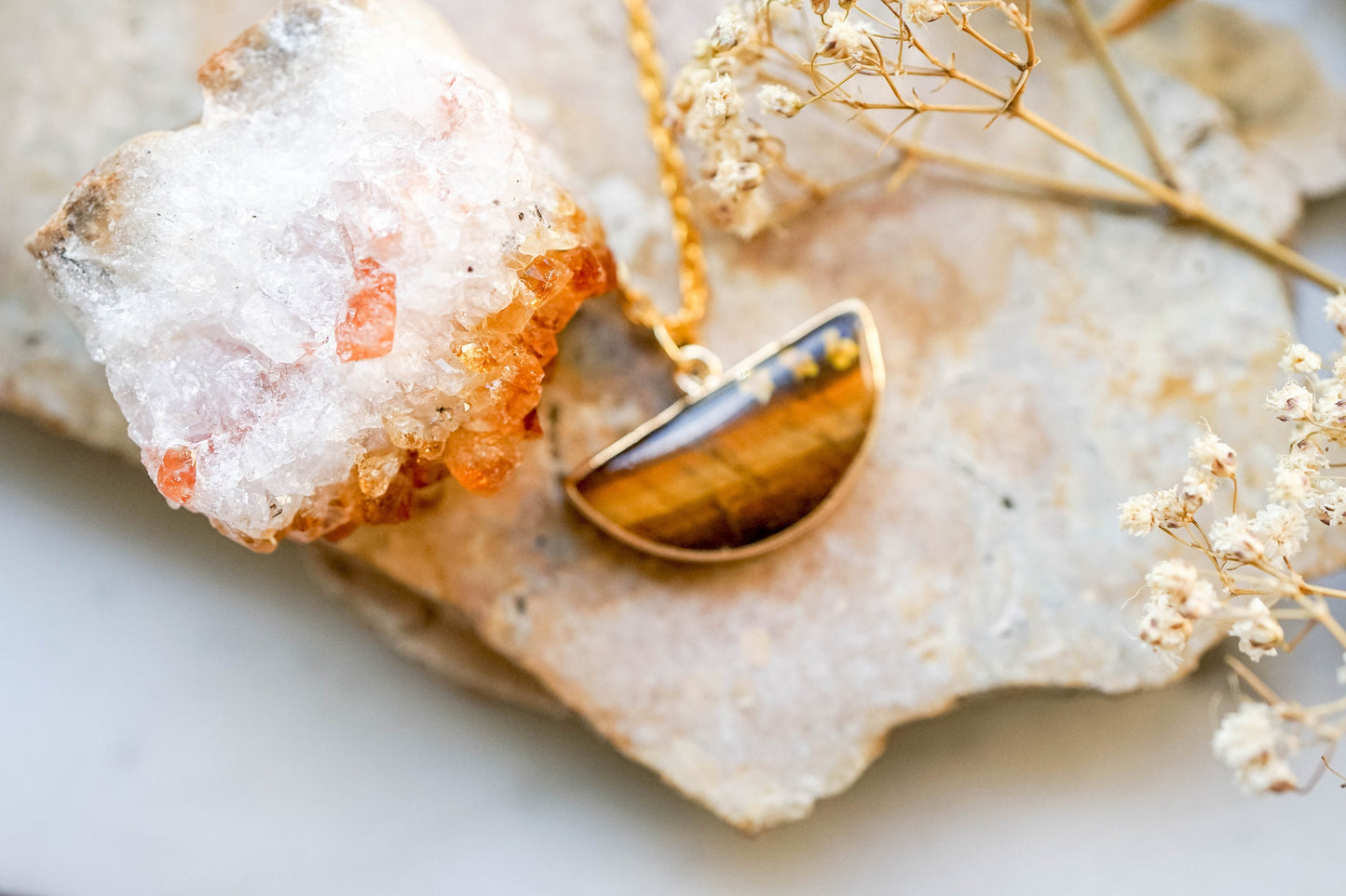 Real Pressed Flowers in Resin, Tigers Eye Necklace with Orange Flowers