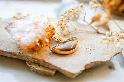 Real Pressed Flowers in Resin, Tigers Eye Necklace with Orange Flowers