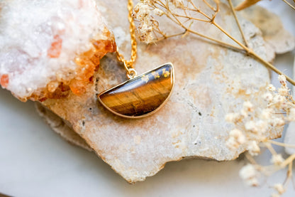 Real Pressed Flowers in Resin, Tigers Eye Necklace with Orange Flowers