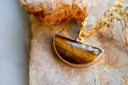 Real Pressed Flowers in Resin, Tigers Eye Necklace with Orange Flowers